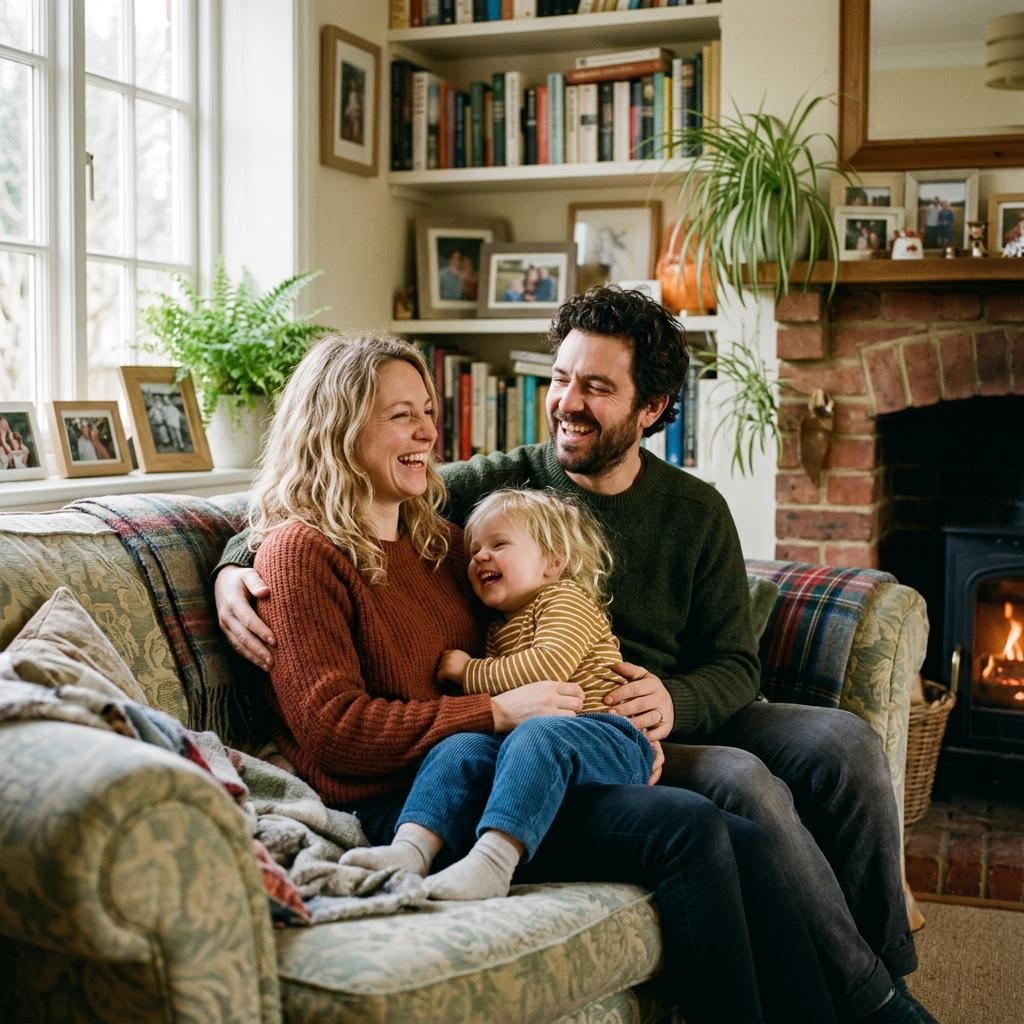 Parents and a young child relaxing together on a sofa at home